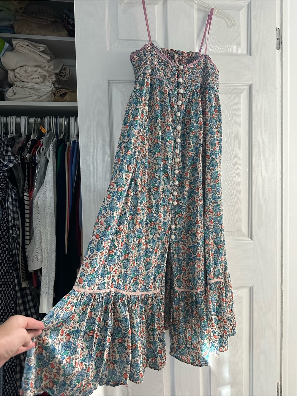 Free People Teal and Pink Floral Midi Dress with Button Front - Picture 9 of 13